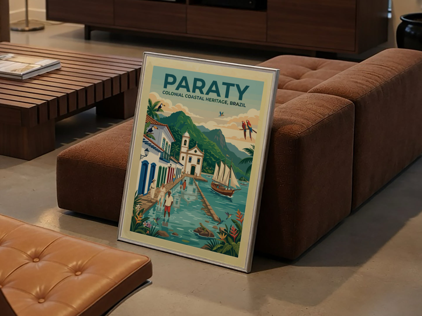 Travel poster of Paraty Brazil showing a colonial church canal sailboat and toucans