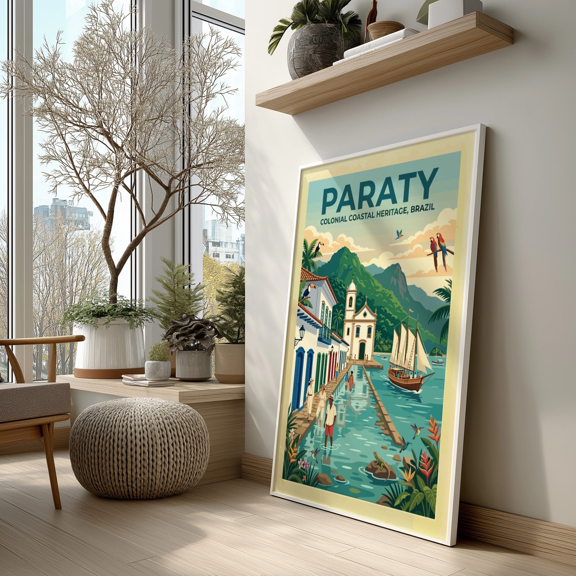 Travel poster of Paraty Brazil showing a colonial church canal sailboat and toucans