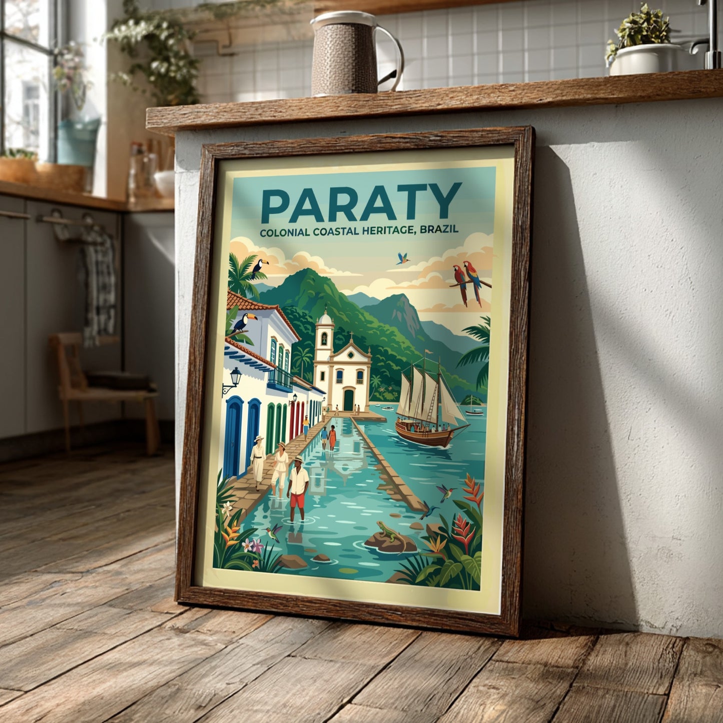 Travel poster of Paraty Brazil showing a colonial church canal sailboat and toucans