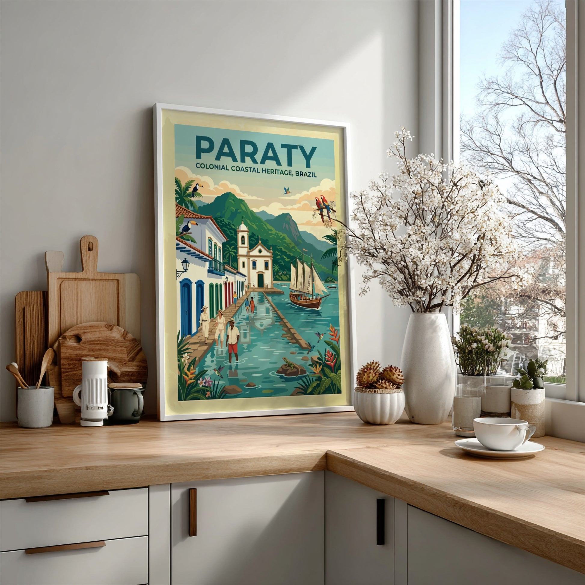 Travel poster of Paraty Brazil showing a colonial church canal sailboat and toucans