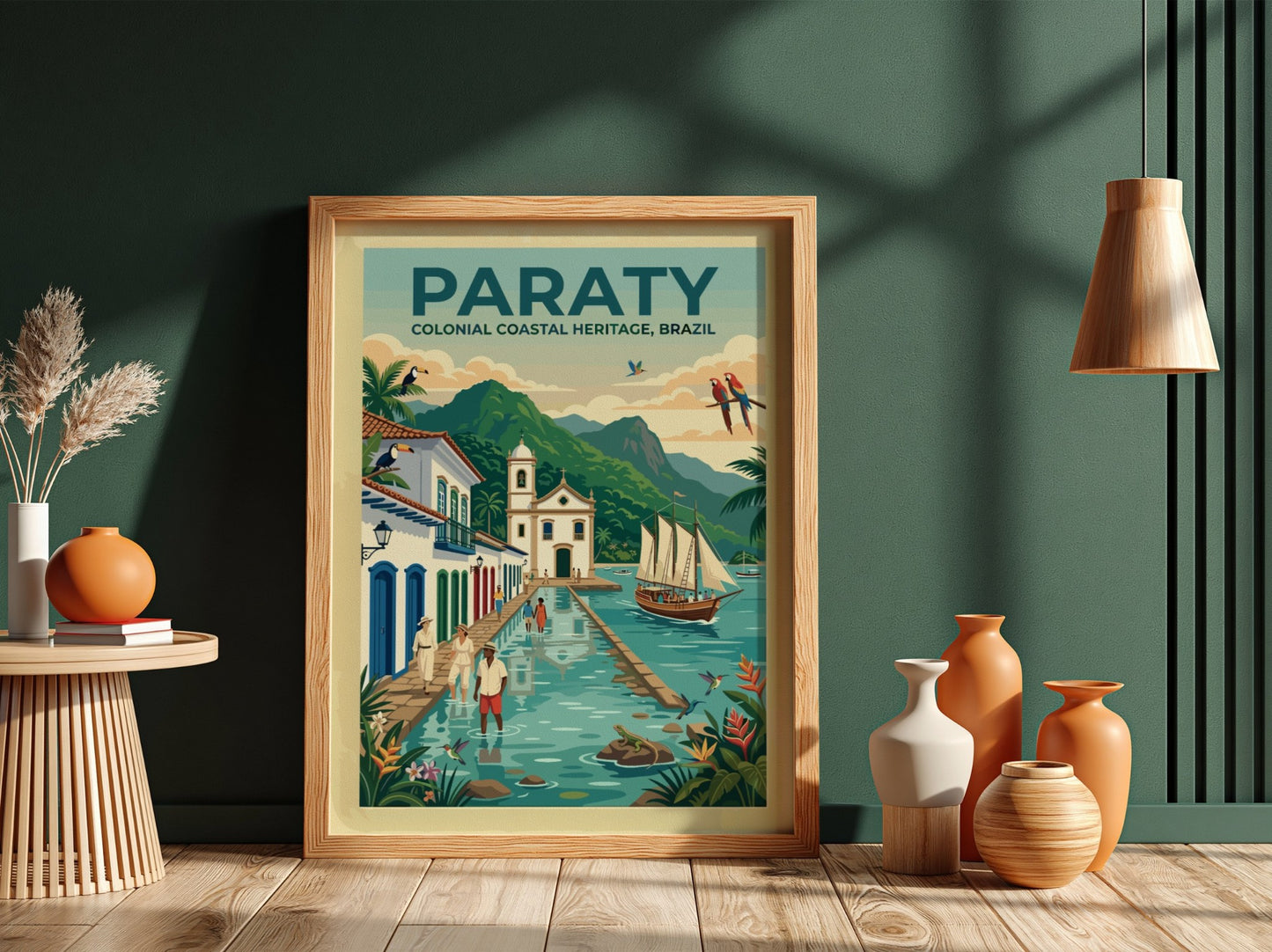 Travel poster of Paraty Brazil showing a colonial church canal sailboat and toucans