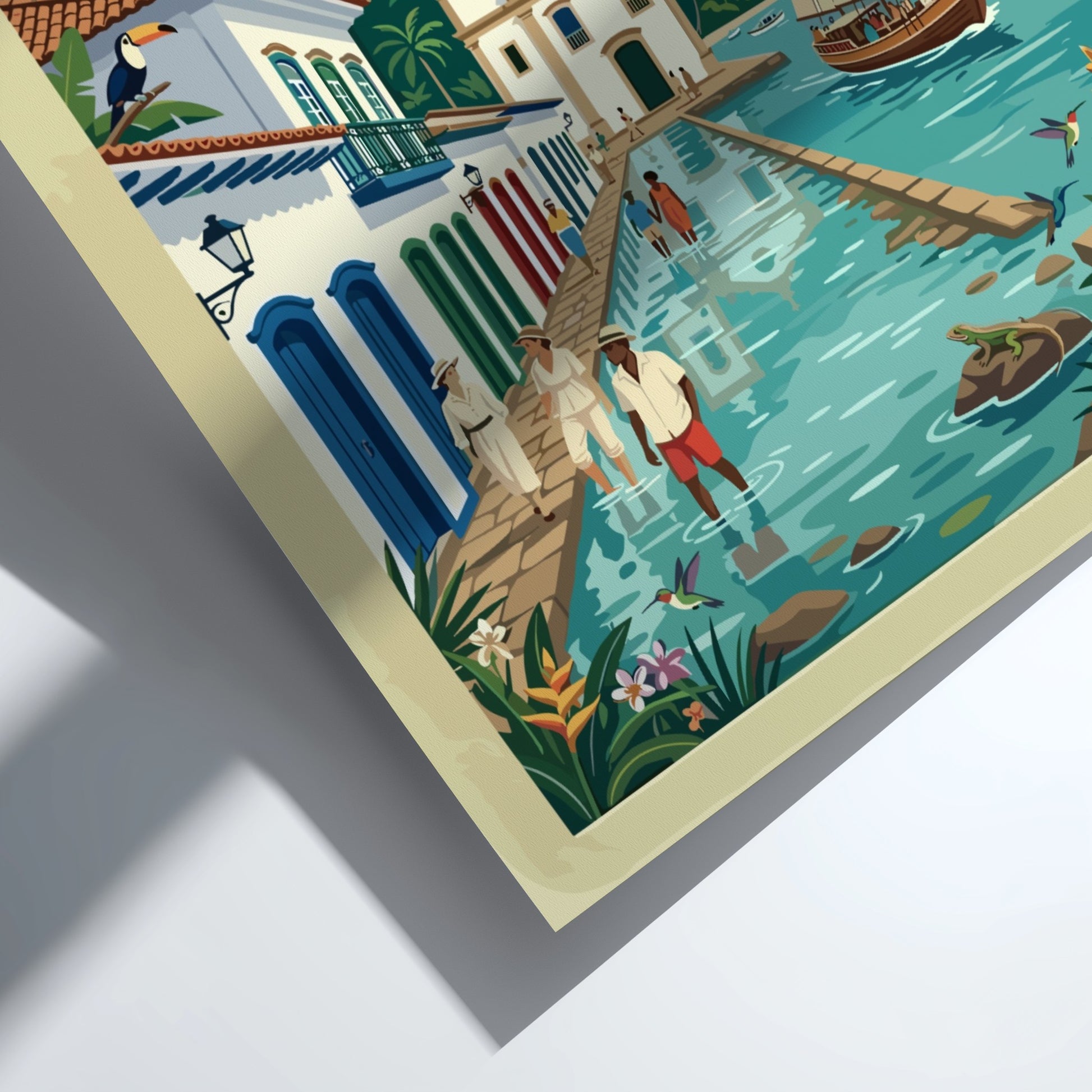 Travel poster of Paraty Brazil showing a colonial church canal sailboat and toucans