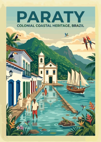 Travel poster of Paraty Brazil showing a colonial church canal sailboat and toucans