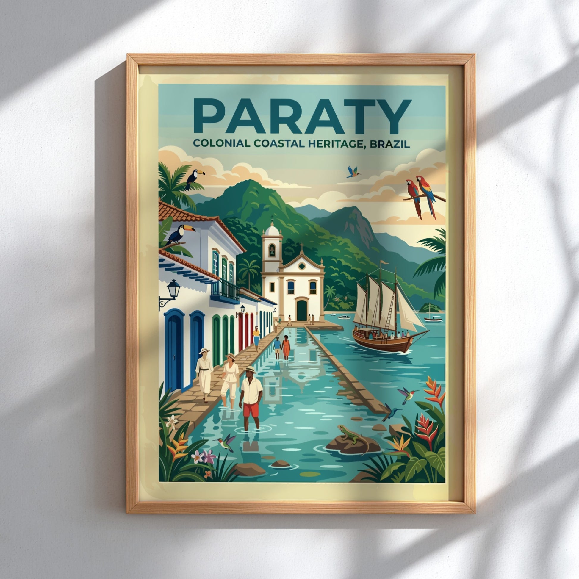 Travel poster of Paraty Brazil showing a colonial church canal sailboat and toucans