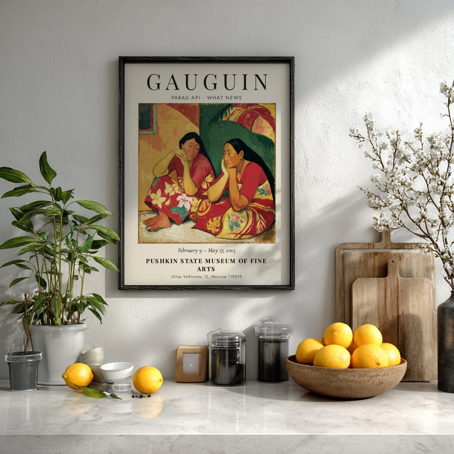 Gauguin Exhibition Poster featuring Parau Api What News with vibrant colors and serene subjects