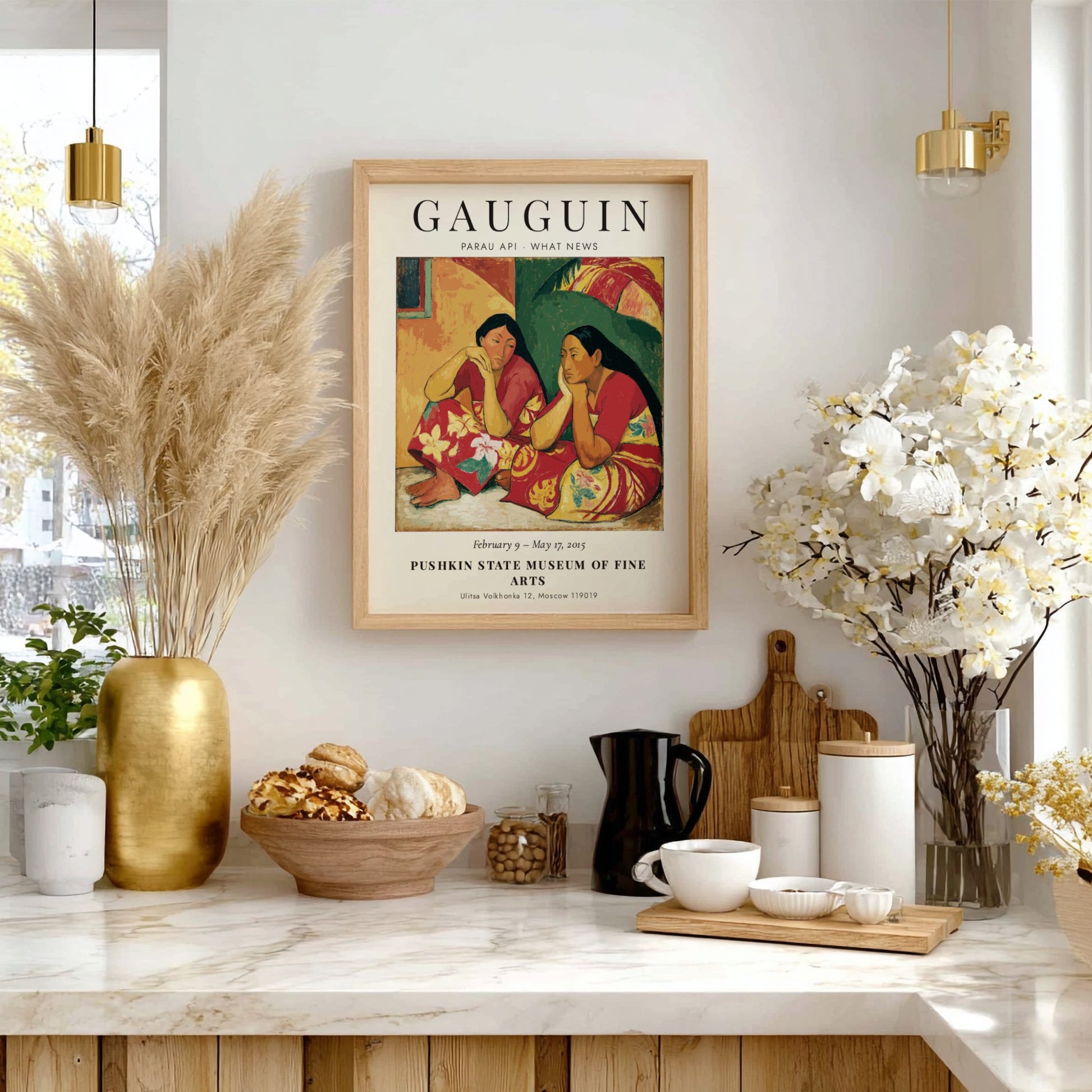 Gauguin Exhibition Poster featuring Parau Api What News with vibrant colors and serene subjects
