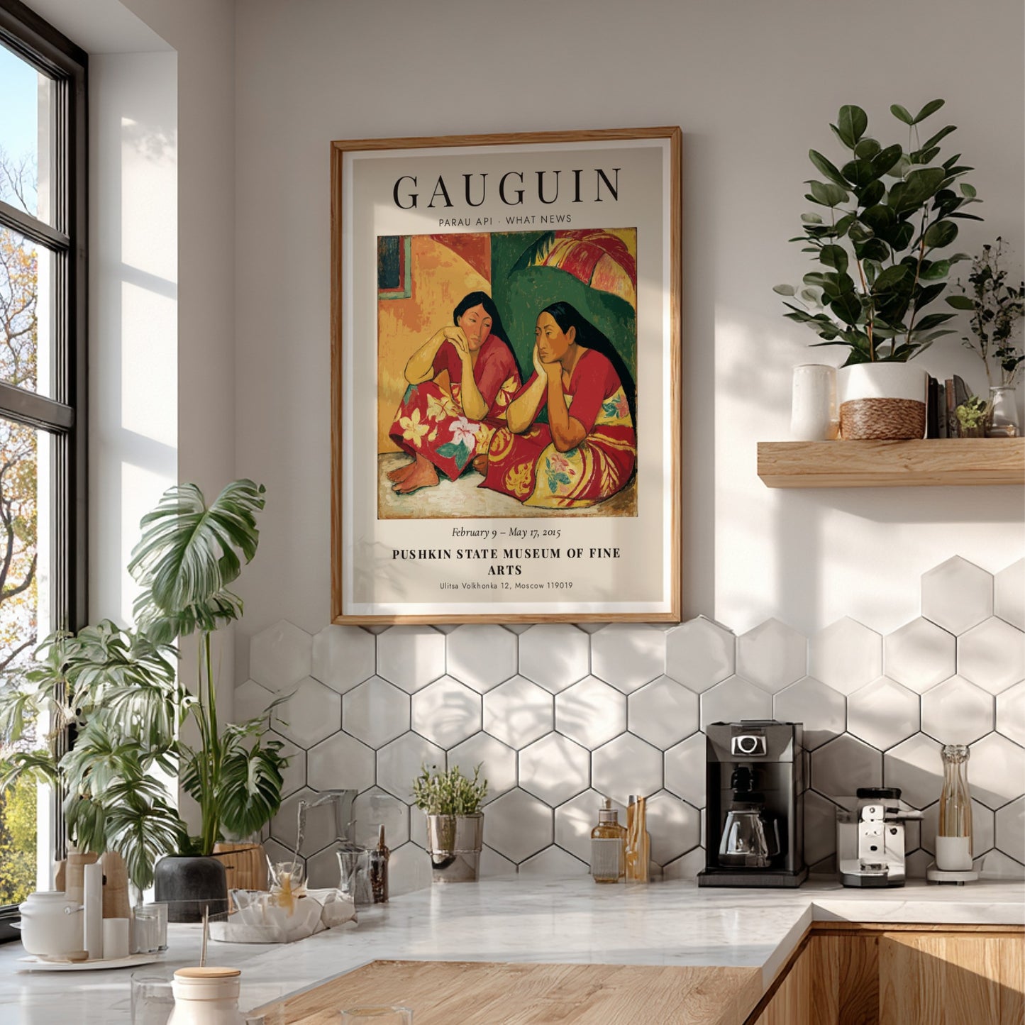Gauguin Exhibition Poster featuring Parau Api What News with vibrant colors and serene subjects