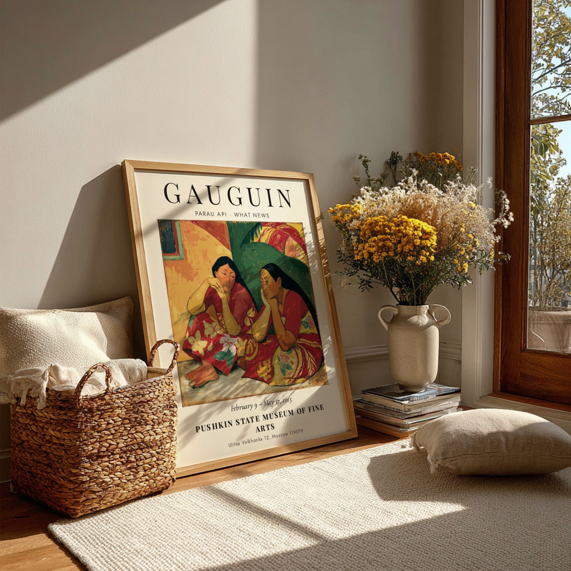 Gauguin Exhibition Poster featuring Parau Api What News with vibrant colors and serene subjects