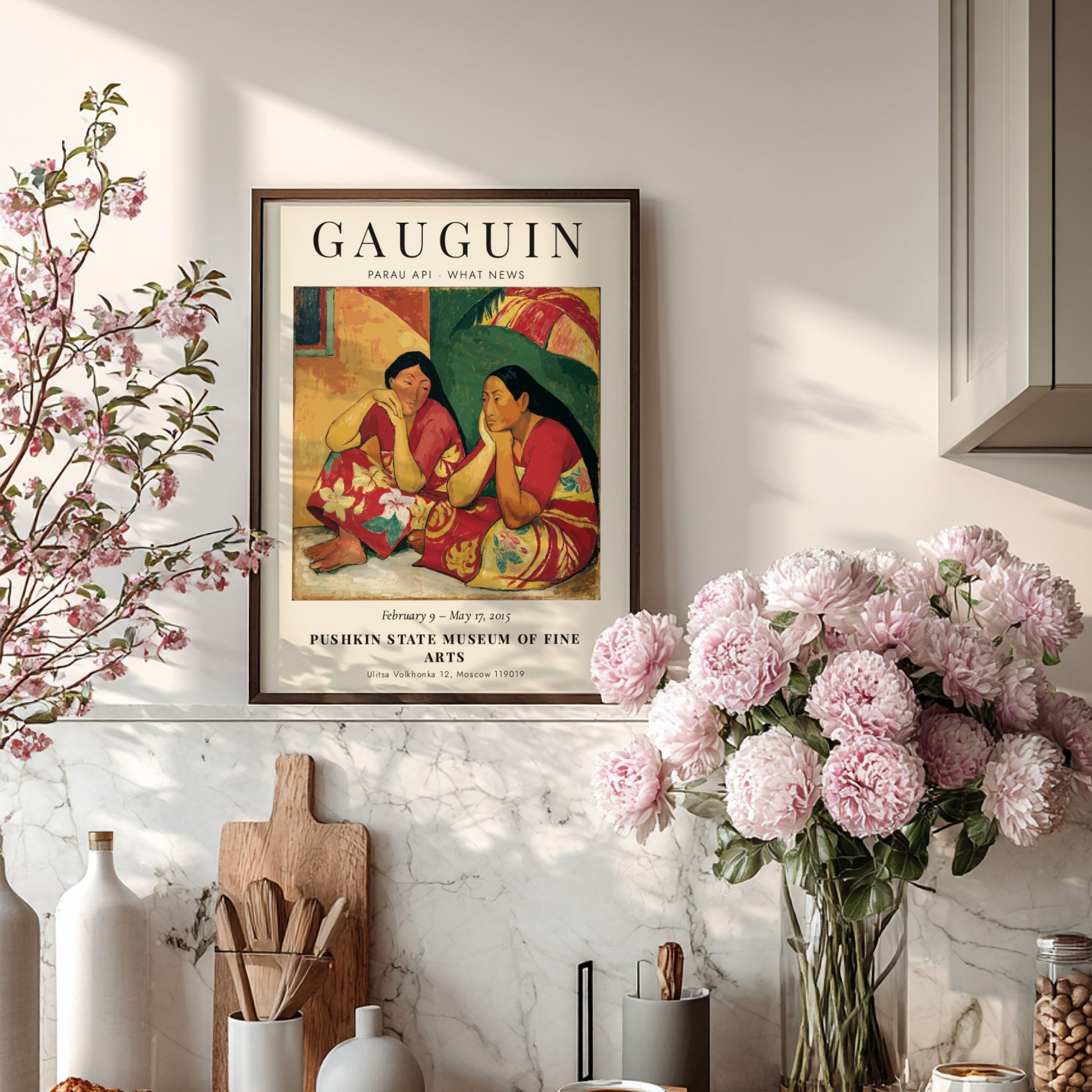 Gauguin Exhibition Poster featuring Parau Api What News with vibrant colors and serene subjects