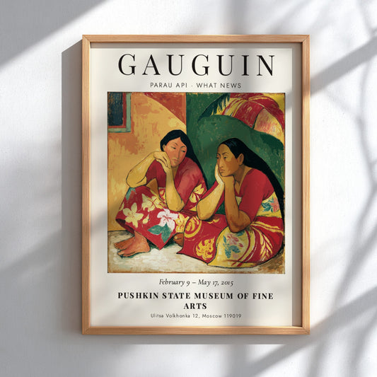 Gauguin Exhibition Poster featuring Parau Api What News with vibrant colors and serene subjects