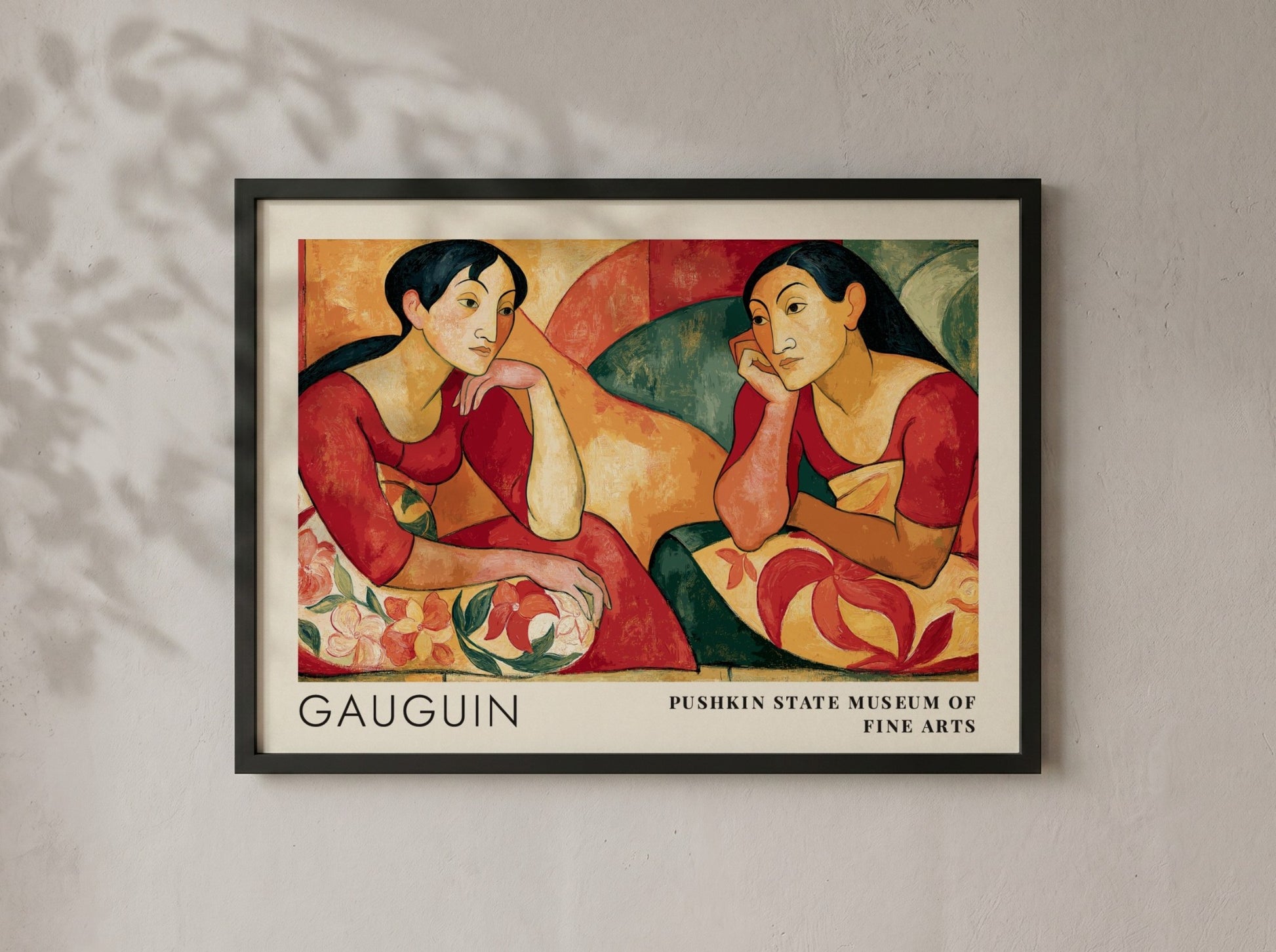 Wall art poster featuring Gauguin Parau Api with two women in warm red tones