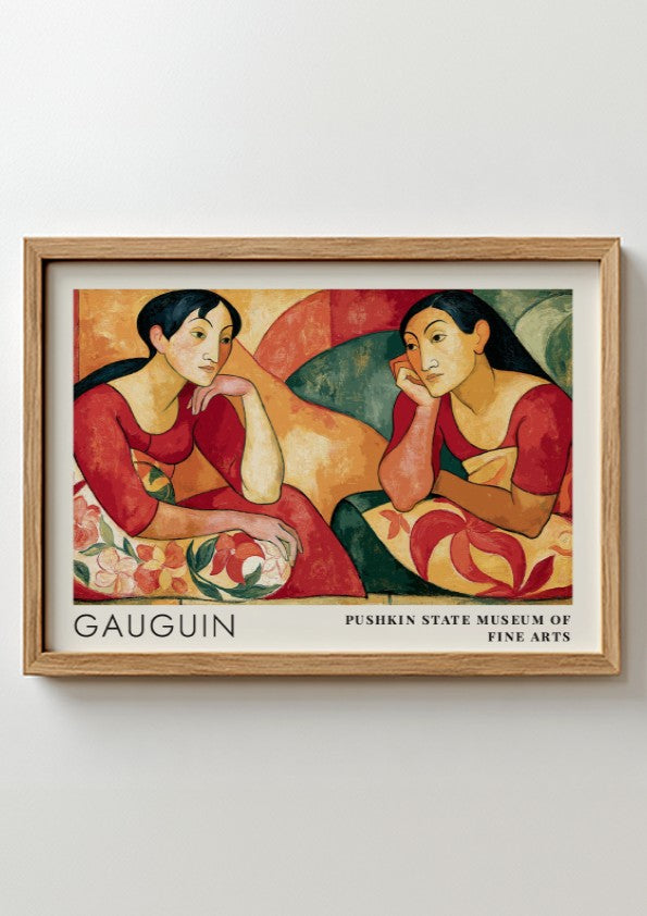 Wall art poster featuring Gauguin Parau Api with two women in warm red tones