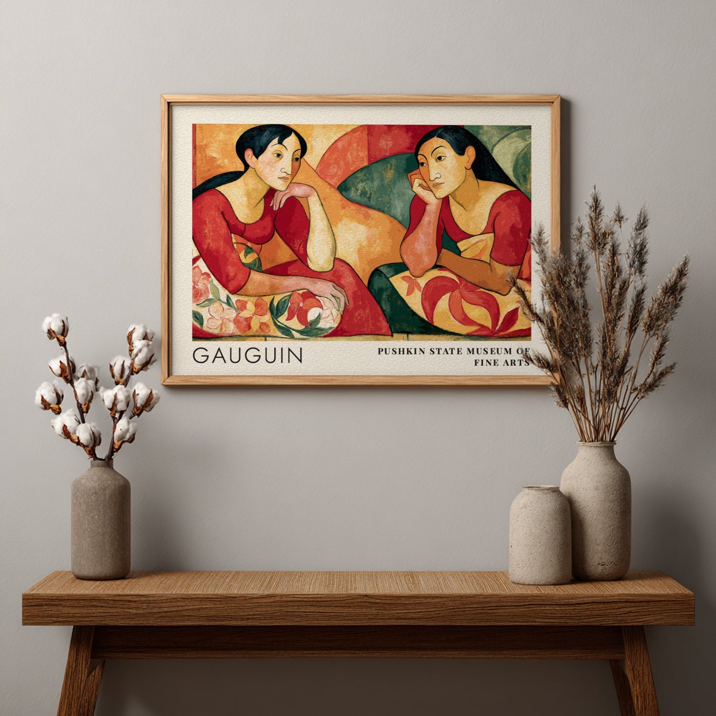 Wall art poster featuring Gauguin Parau Api with two women in warm red tones
