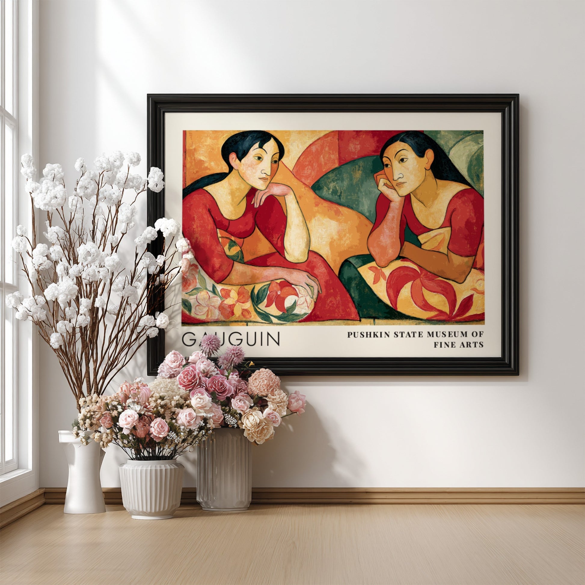 Wall art poster featuring Gauguin Parau Api with two women in warm red tones