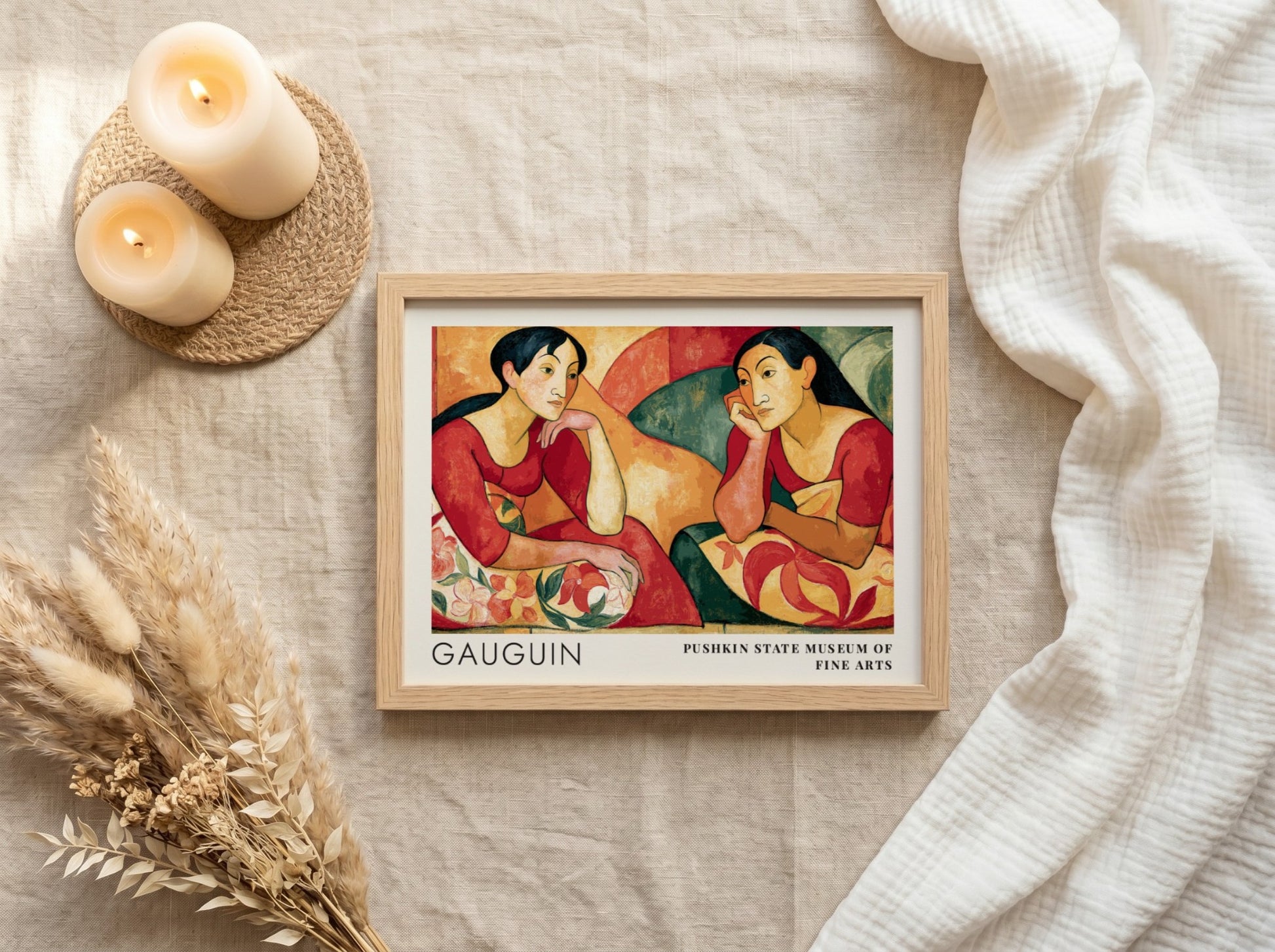 Wall art poster featuring Gauguin Parau Api with two women in warm red tones