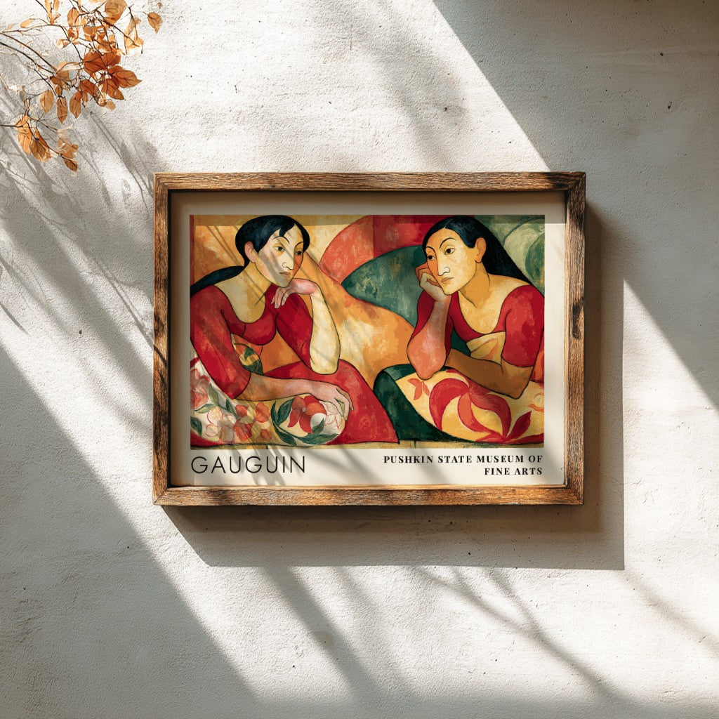 Wall art poster featuring Gauguin Parau Api with two women in warm red tones