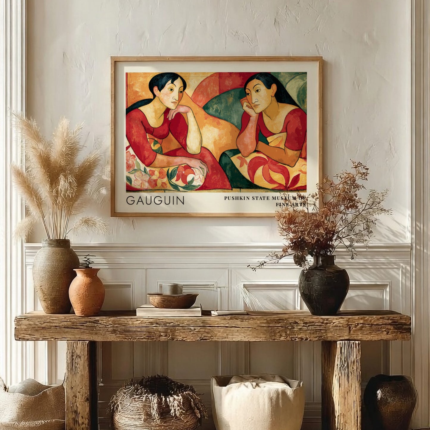 Wall art poster featuring Gauguin Parau Api with two women in warm red tones