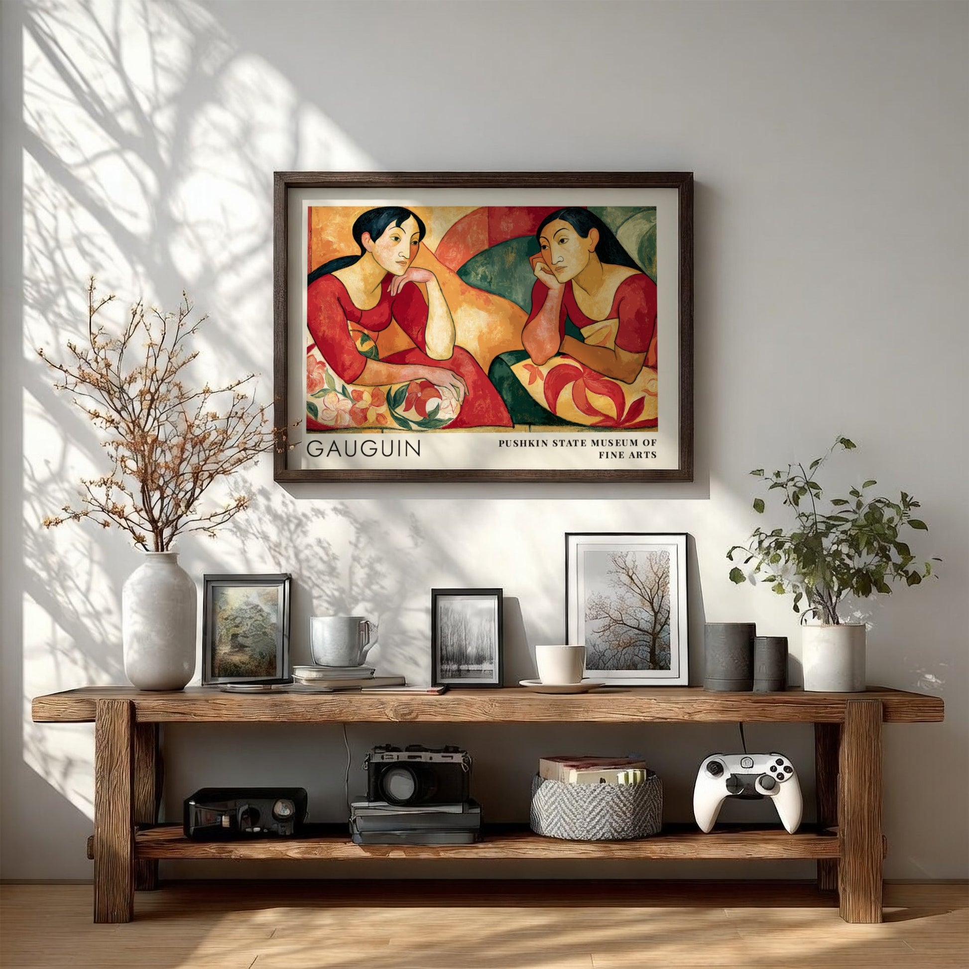 Wall art poster featuring Gauguin Parau Api with two women in warm red tones