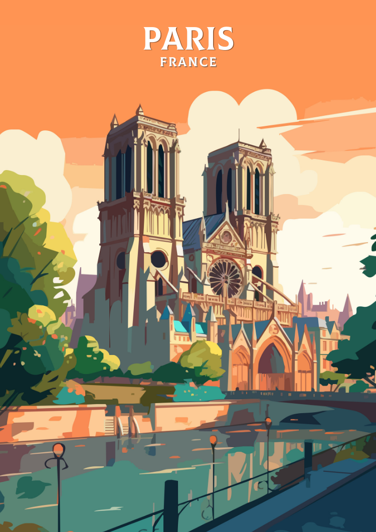Europe NOTRE DAME TRAVEL POSTER - PARIS ARTWORK