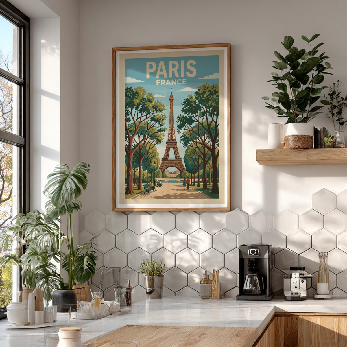 Poster of the Eiffel Tower in Paris France with trees and walking pedestrians