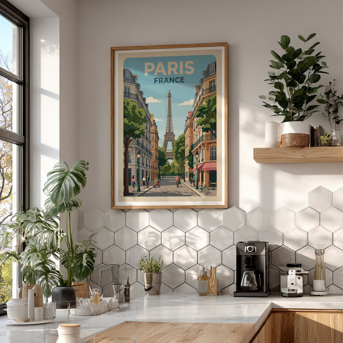 Paris France travel poster featuring the Eiffel Tower on a bustling city street