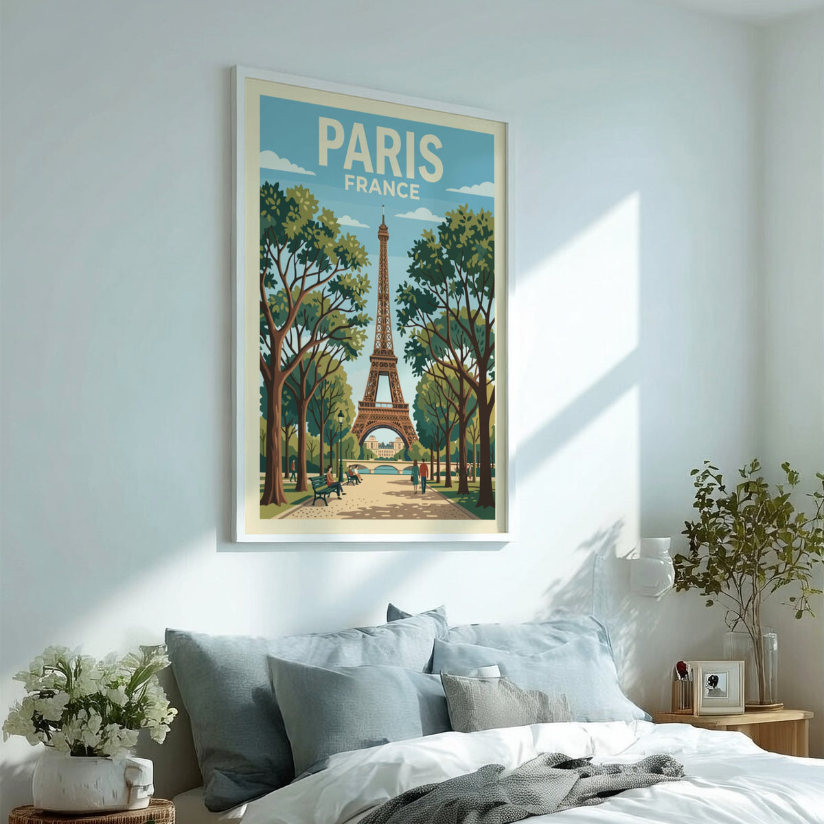 Poster of the Eiffel Tower in Paris France with trees and walking pedestrians