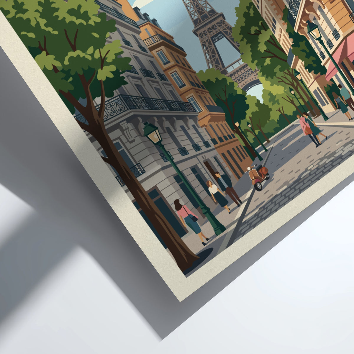 Paris France travel poster featuring the Eiffel Tower on a bustling city street