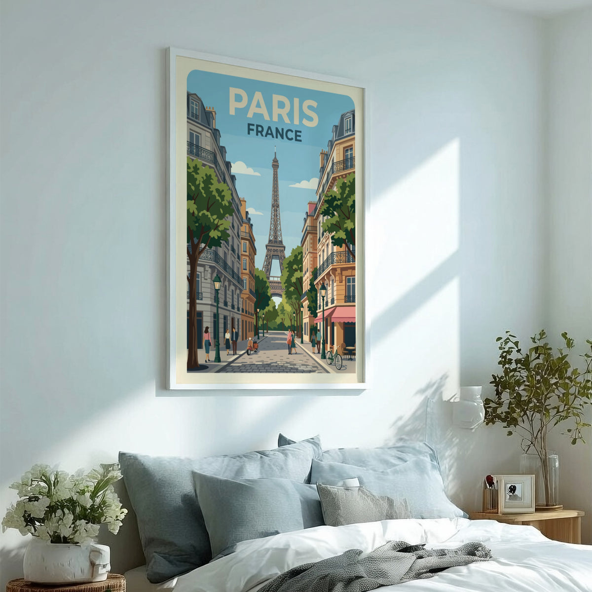 Paris France travel poster featuring the Eiffel Tower on a bustling city street