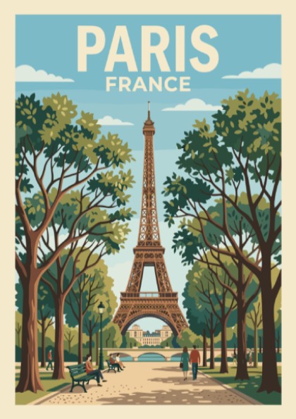 Poster of the Eiffel Tower in Paris France with trees and walking pedestrians
