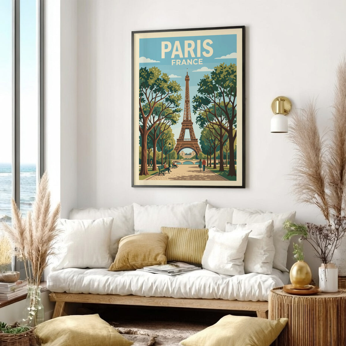 Poster of the Eiffel Tower in Paris France with trees and walking pedestrians
