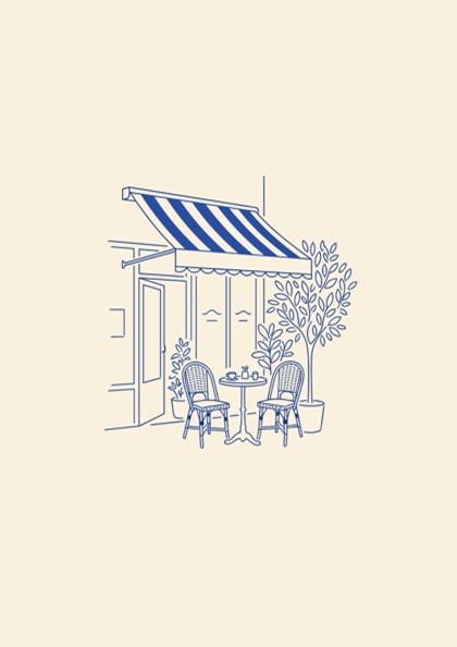 Poster featuring blue minimalist line art of a Parisian cafe with bistro chairs.