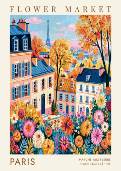 Vibrant flower market poster featuring Parisian buildings and colorful flowers, perfect for home decor.