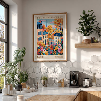 Vibrant flower market poster featuring Parisian buildings and colorful flowers, perfect for home decor.