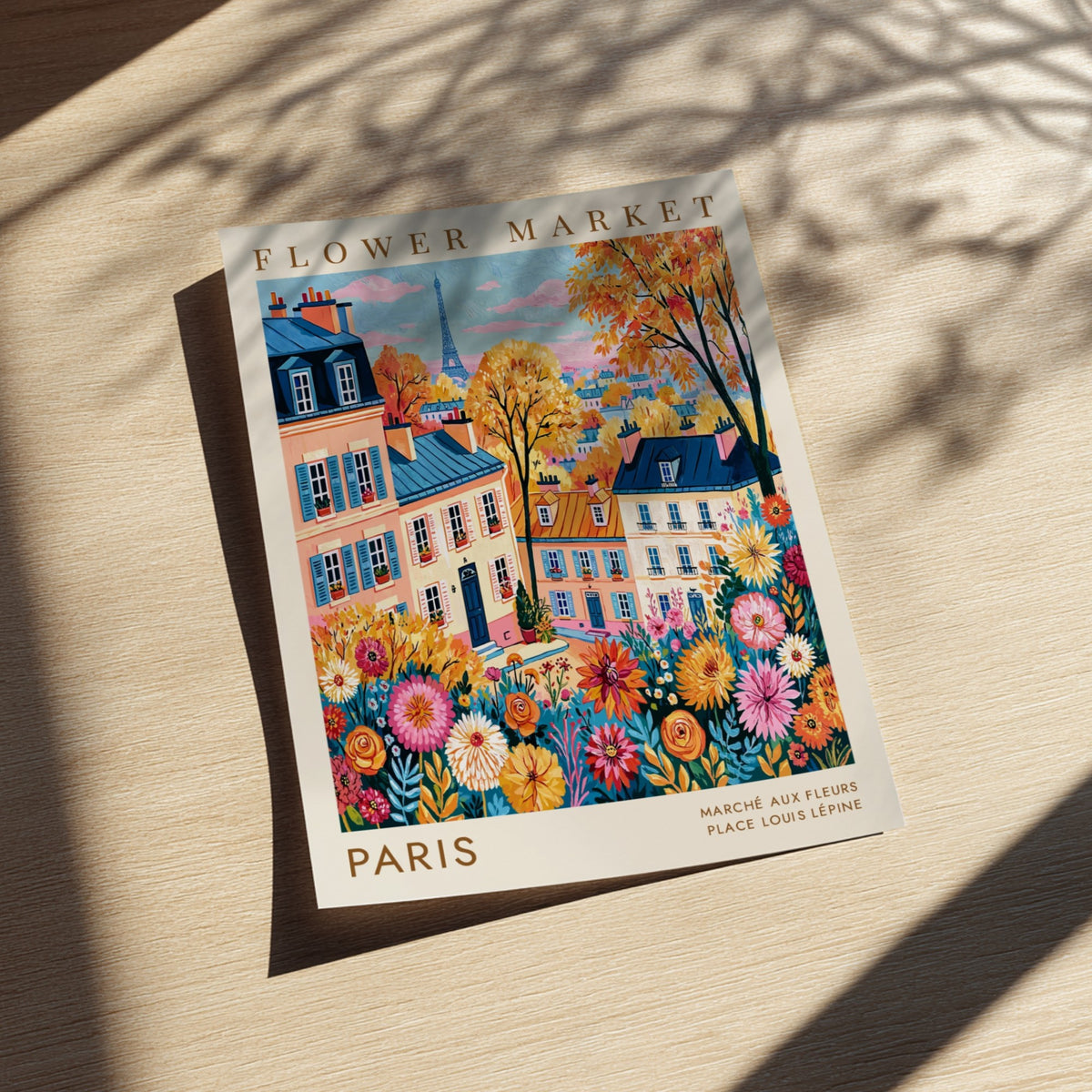 Vibrant flower market poster featuring Parisian buildings and colorful flowers, perfect for home decor.
