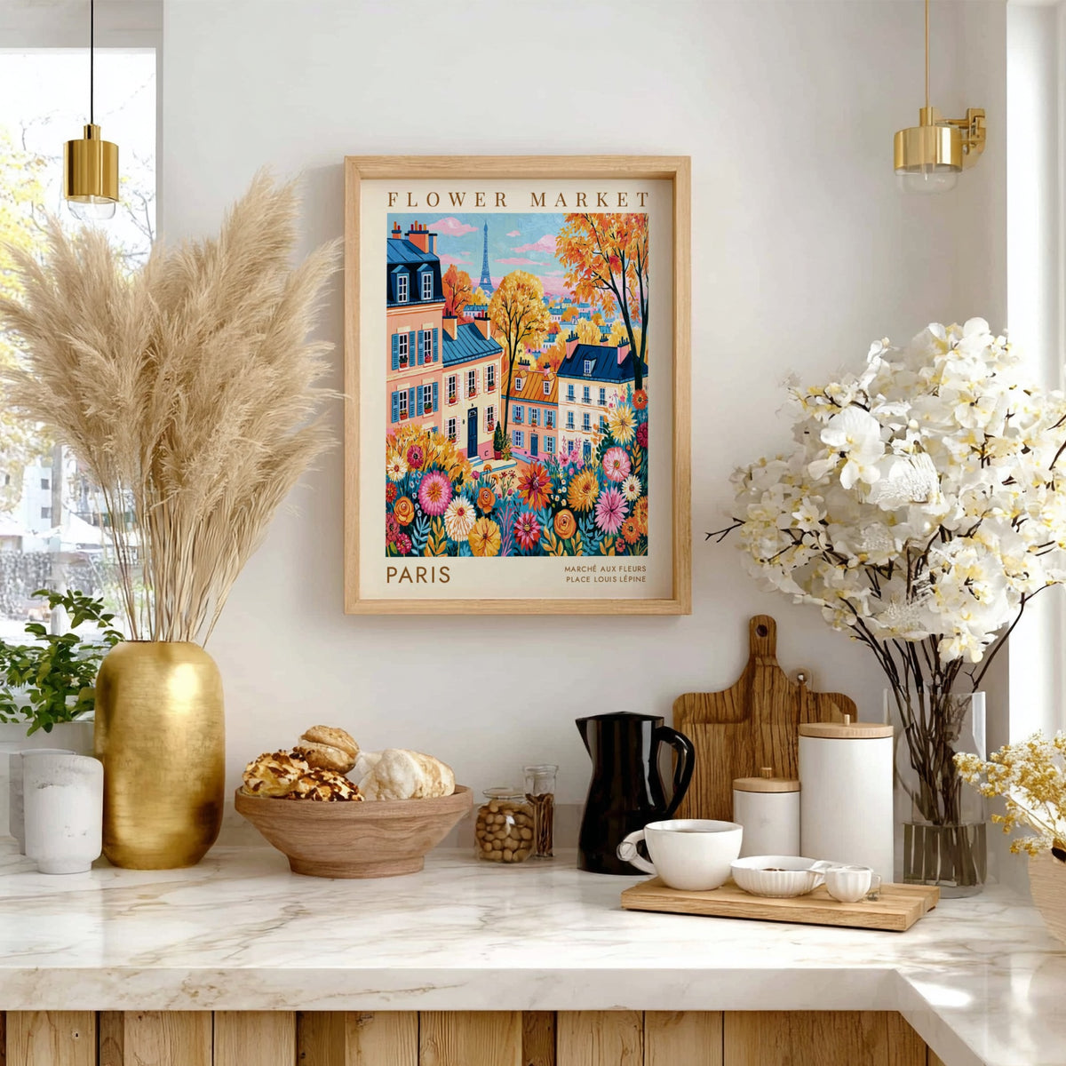 Vibrant flower market poster featuring Parisian buildings and colorful flowers, perfect for home decor.