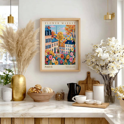 Vibrant flower market poster featuring Parisian buildings and colorful flowers, perfect for home decor.