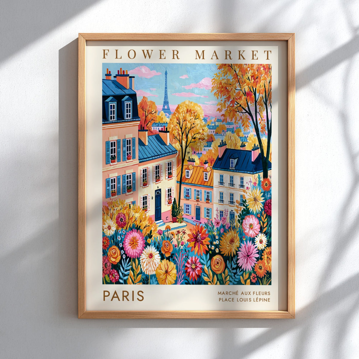 Vibrant flower market poster featuring Parisian buildings and colorful flowers, perfect for home decor.