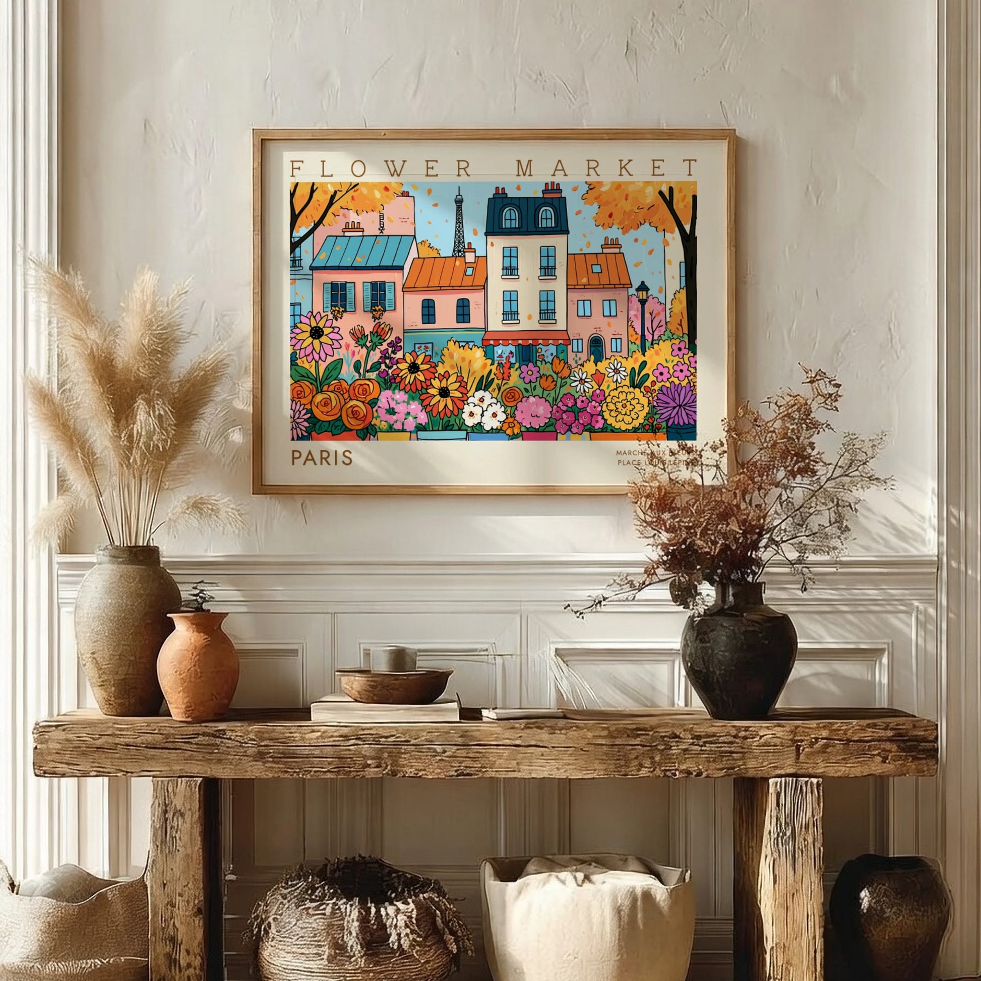 Flower market poster featuring colorful flowers and Parisian buildings