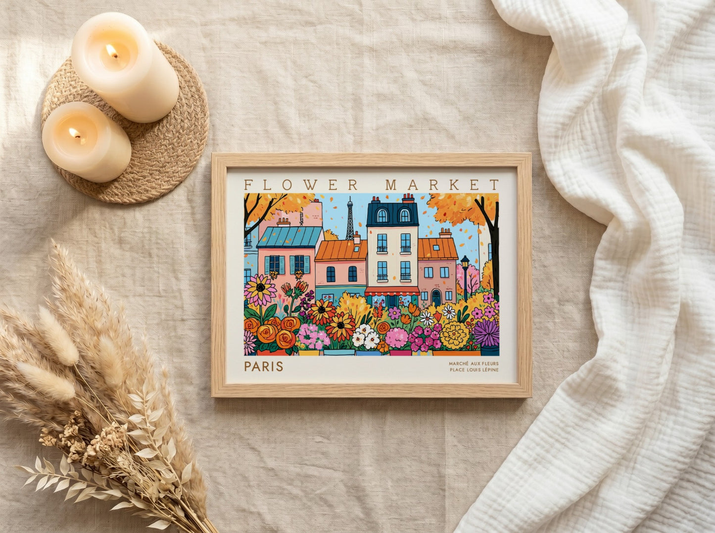 Flower market poster featuring colorful flowers and Parisian buildings