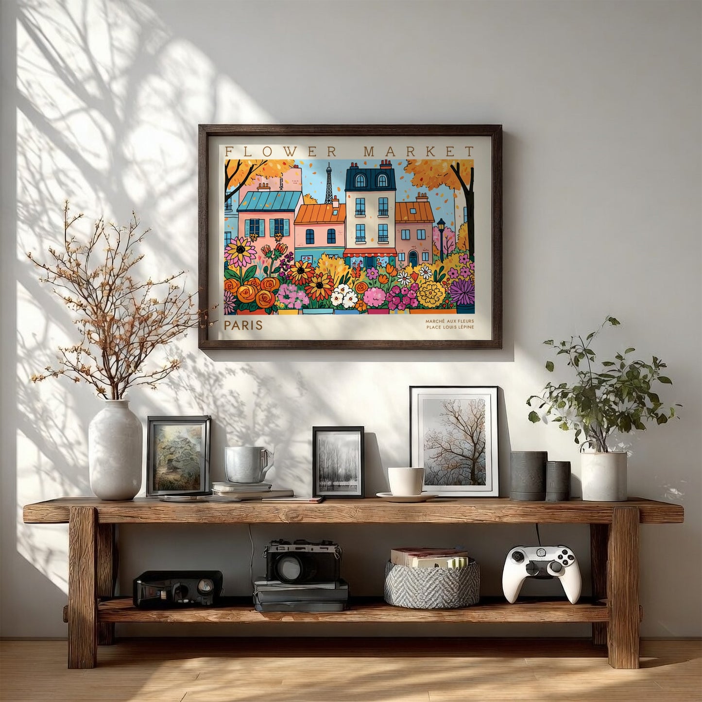Flower market poster featuring colorful flowers and Parisian buildings