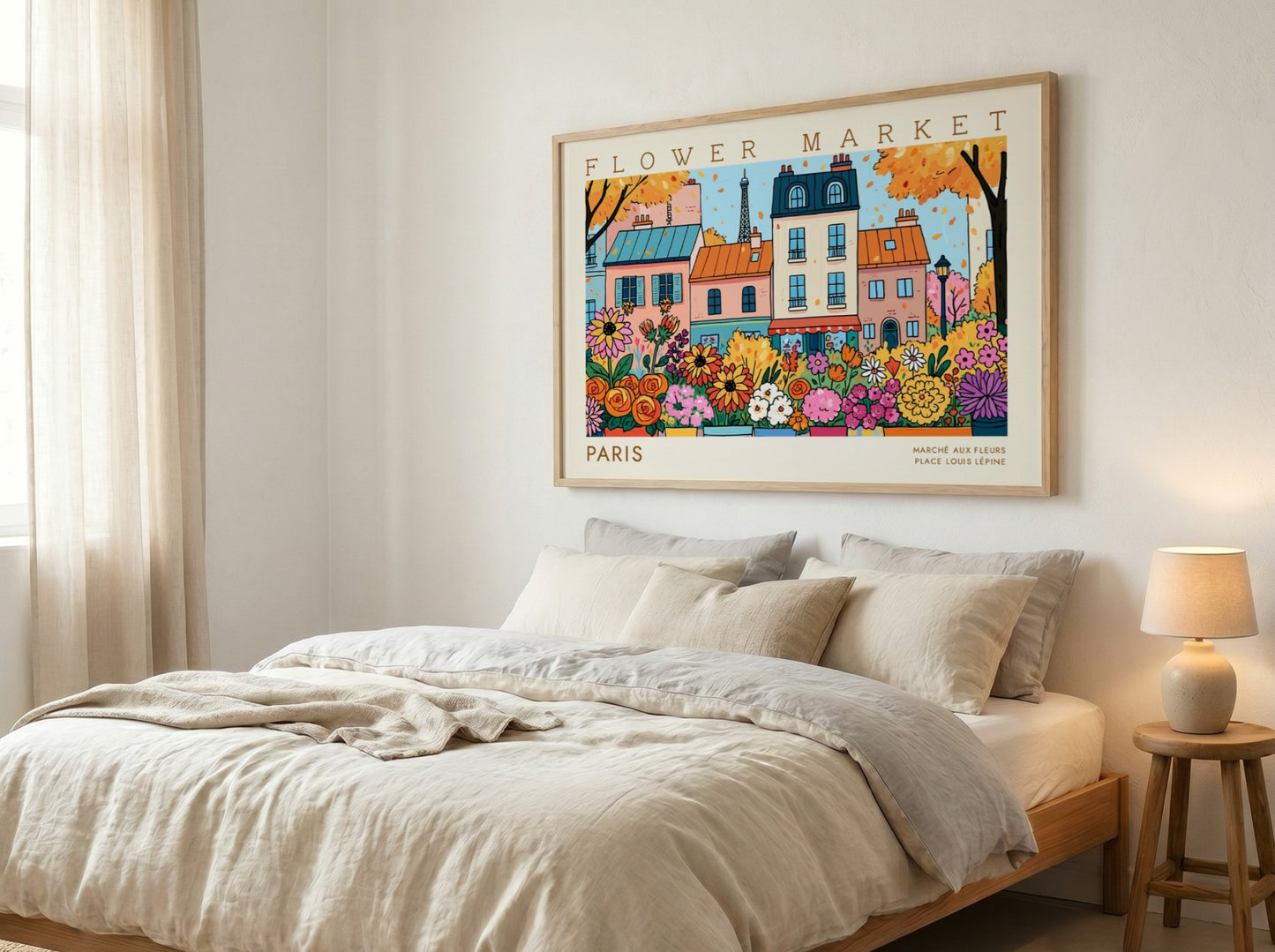 Flower market poster featuring colorful flowers and Parisian buildings