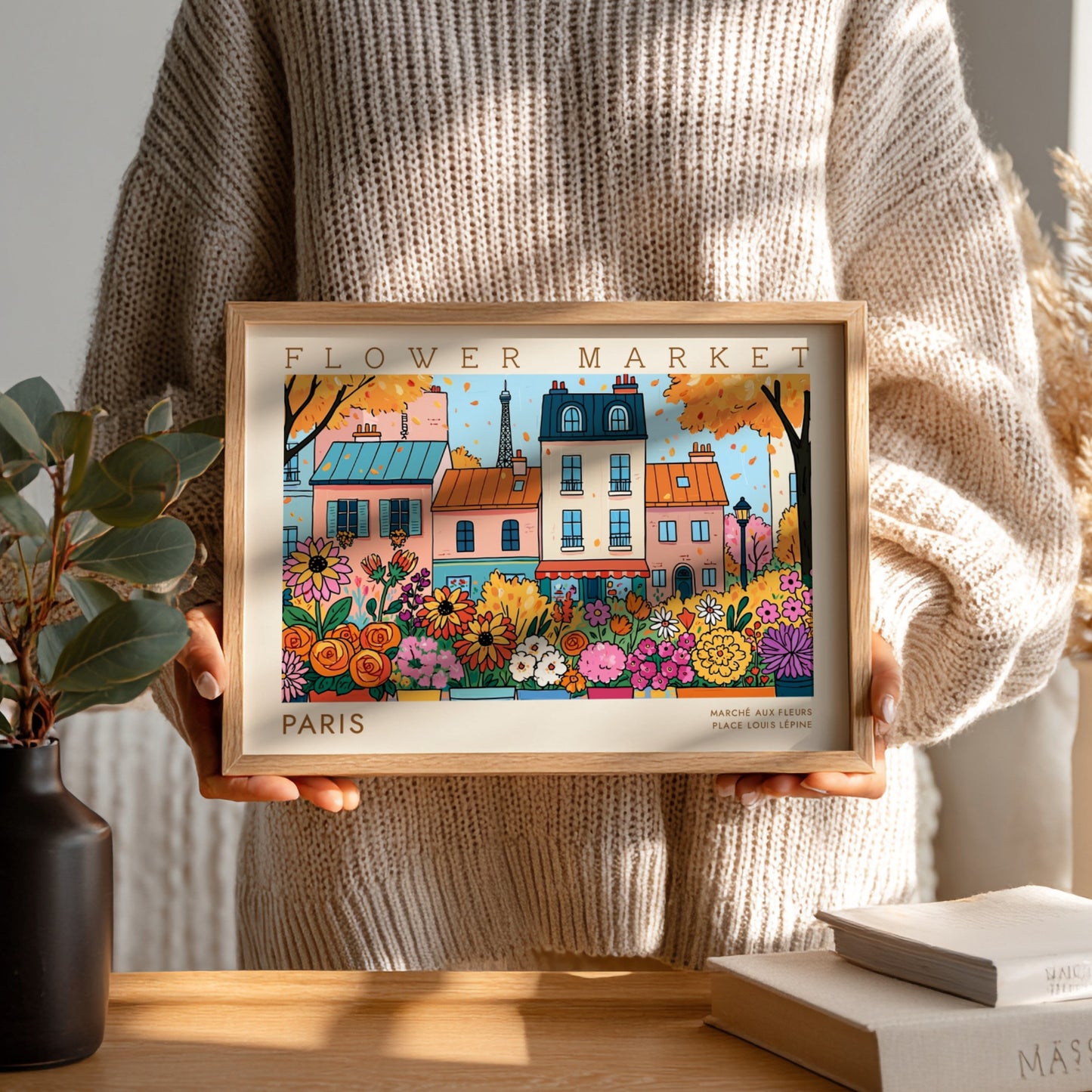 Flower market poster featuring colorful flowers and Parisian buildings
