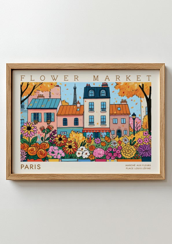 Flower market poster featuring colorful flowers and Parisian buildings