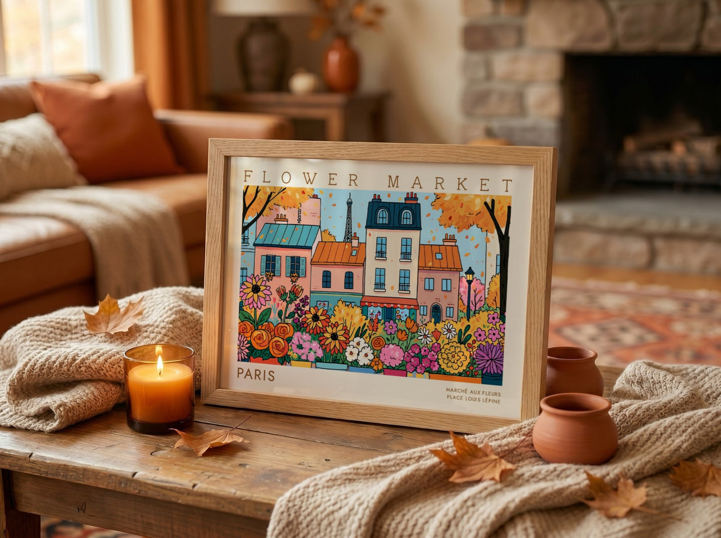 Flower market poster featuring colorful flowers and Parisian buildings