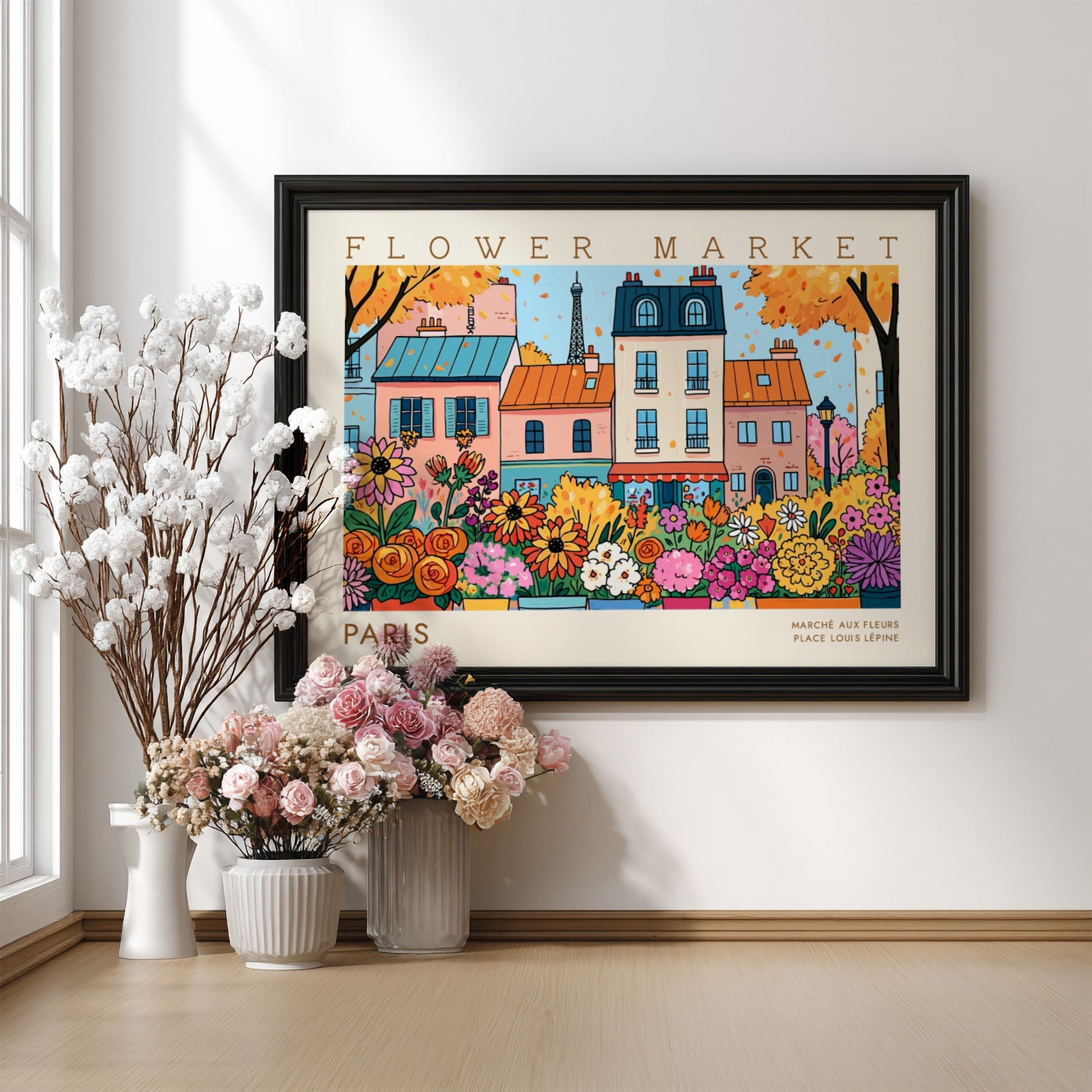 Flower market poster featuring colorful flowers and Parisian buildings