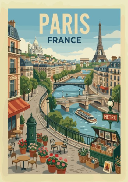 Vintage style travel poster of a Parisian river scene with the Eiffel Tower and Sacré-Cœur.