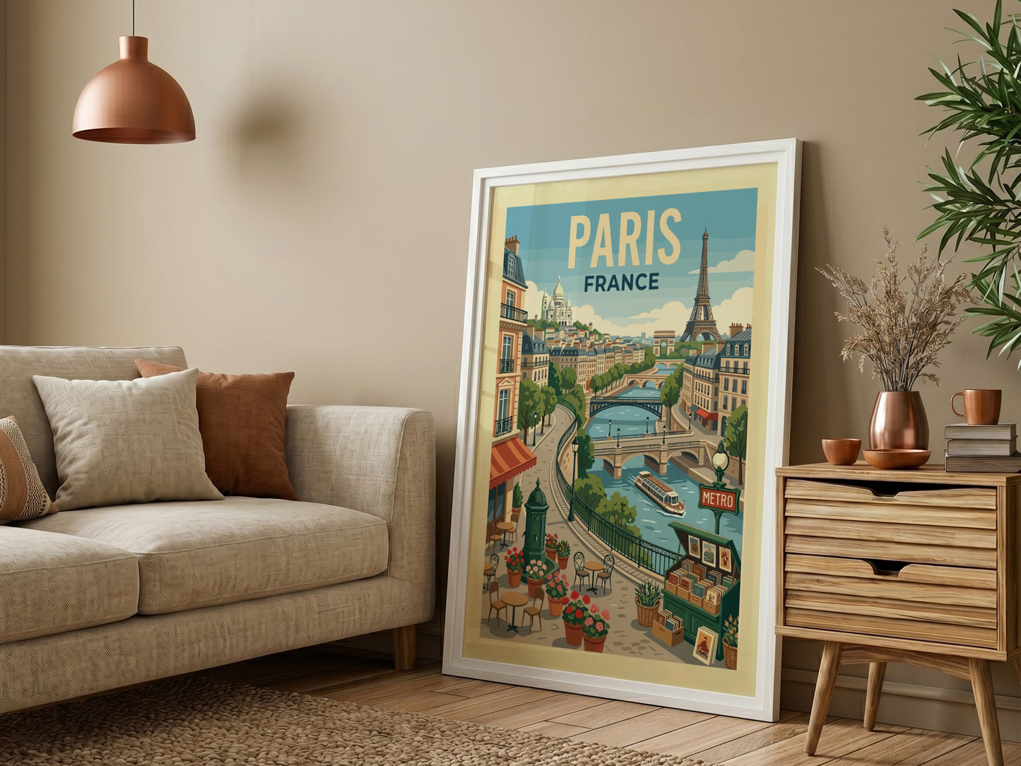 Vintage style travel poster of a Parisian river scene with the Eiffel Tower and Sacré-Cœur.