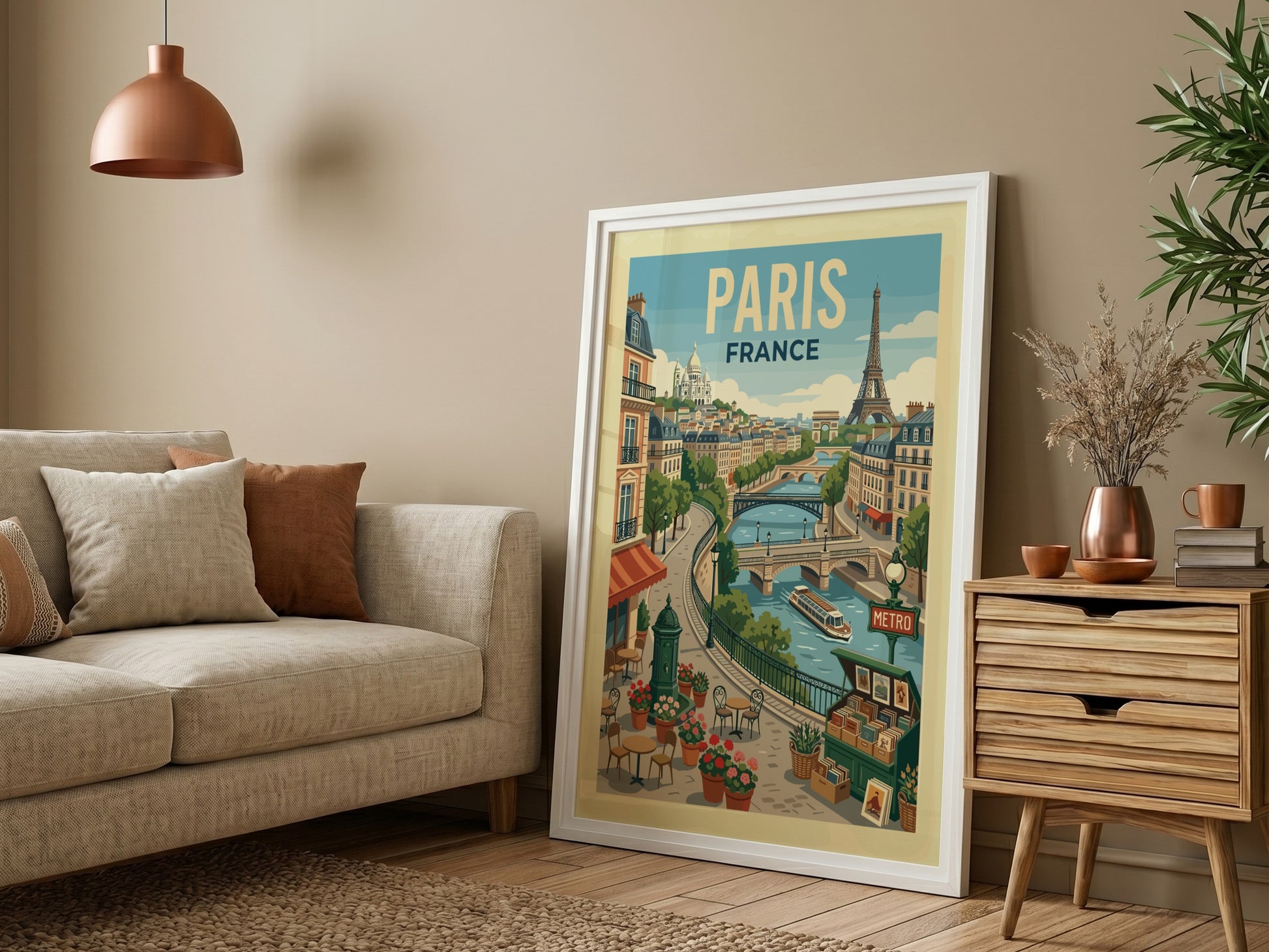 Vintage style travel poster of a Parisian river scene with the Eiffel Tower and Sacré-Cœur.