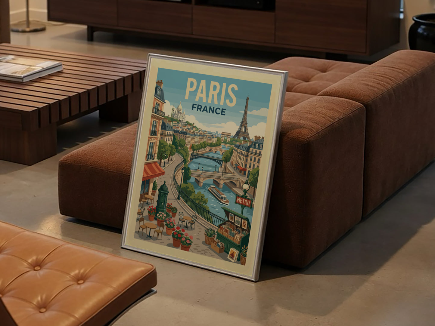 Vintage style travel poster of a Parisian river scene with the Eiffel Tower and Sacré-Cœur.