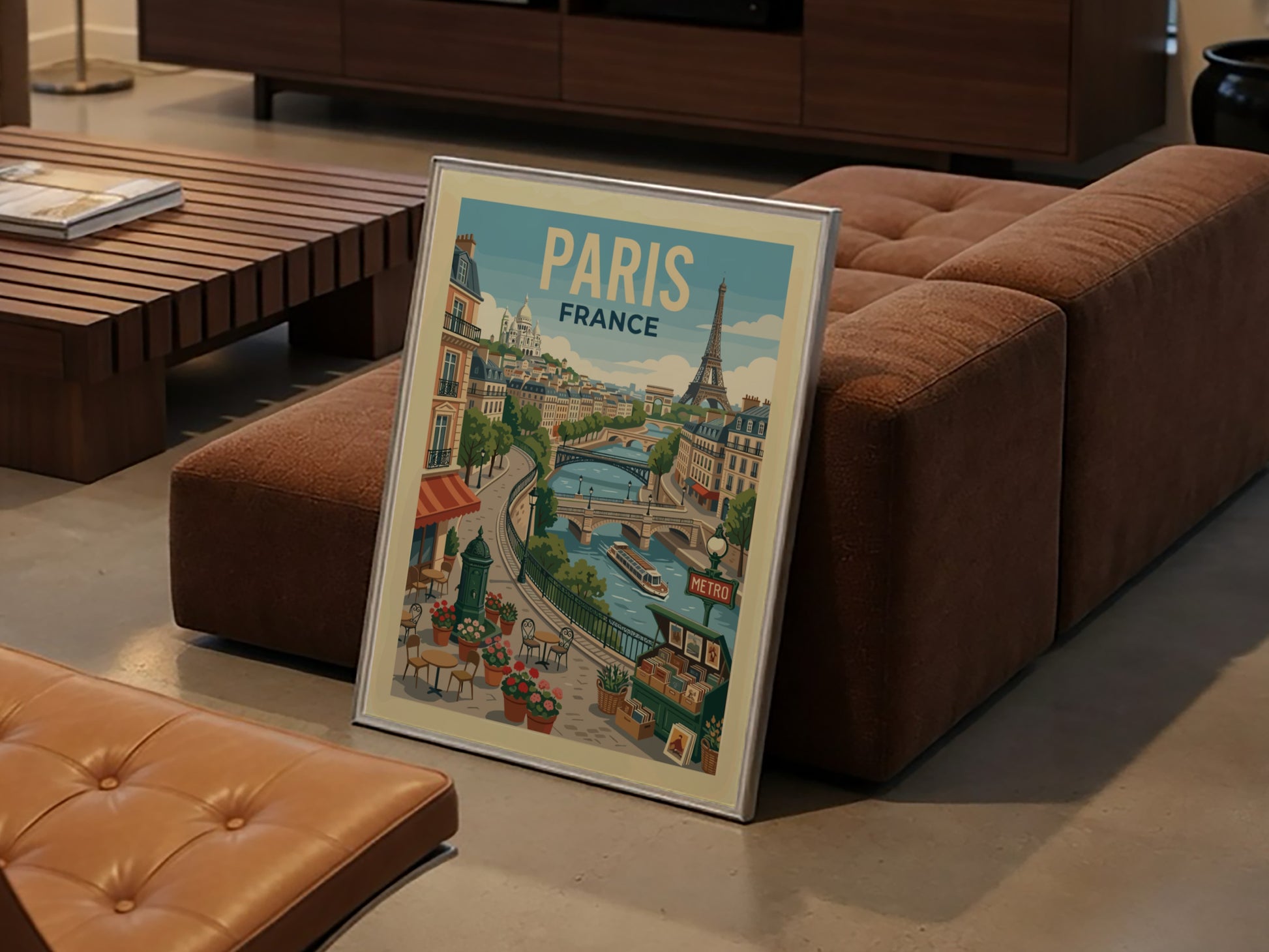 Vintage style travel poster of a Parisian river scene with the Eiffel Tower and Sacré-Cœur.